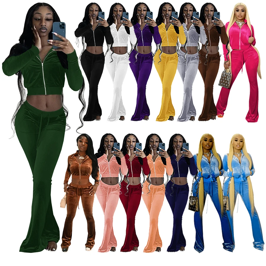 Женский Бархатный спортивный костюм, укороченный Топ с длинным рукавом и брюки, комплект из двух предметов, велюровый спортивный костюм для женщин, осень 2021