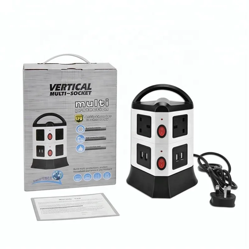 UK Tower Power Strip 6 Gang 4 USB Ports Vertical Socket Outlets Surge Protector With Overload Protection Individual Switch