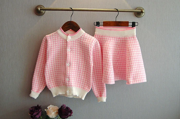 Autumn Plaid Knitted Houndstooth Kids Cardigan Girls Clothes Skirt 2 Pieces Children Suit Clothing Sets