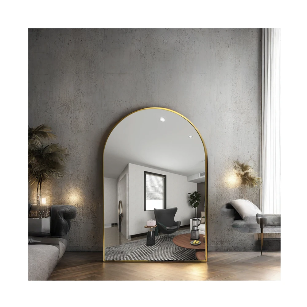Custom gold aluminum framed design arch bathroom home wall decor luxury makeup salon dressing hanging unbreakable mirror miroir
