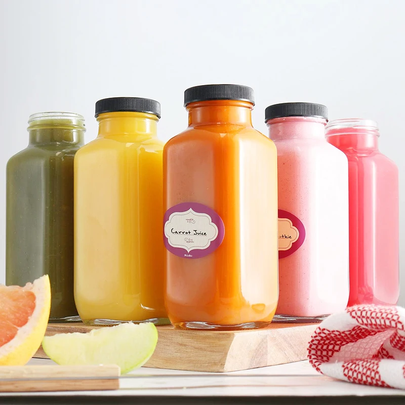250ml 350ml 500ml Glass juice bottle. 8oz 12oz 16oz glass square shape juice bottle with cap