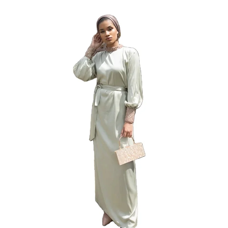 2021 africa clothing women long vintage elegant abaya islamic outfits satin lace nail beaded satin kaftan dress