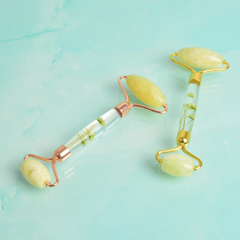 
Jade yellow jade roller infused flower gua sha face jade natural with box 