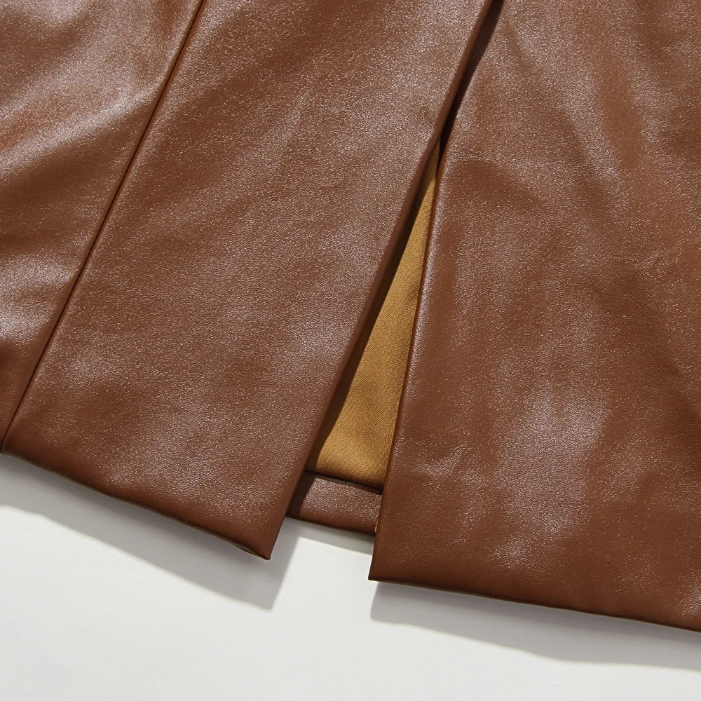 High Quality Strapless Stretch PU Bodycon Dress Sexy Midi Back Slit Black Chocolate Solid Elegant Outfit Party Leather Dress