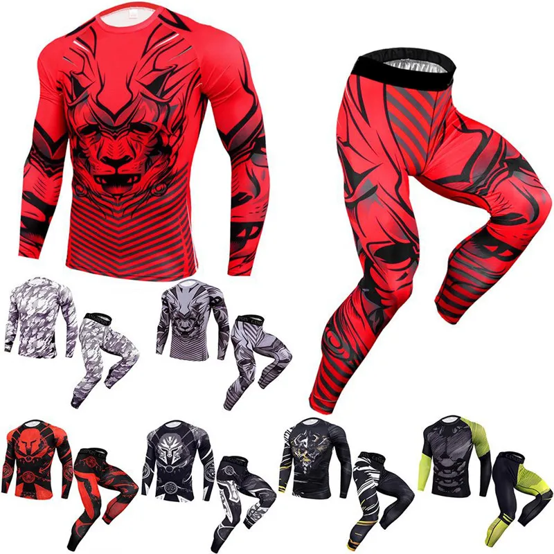 Custom Printed Mens Long Sleeve BJJ MMA Rash Guard Mens Compression Tights T shirt+leggings+shorts set