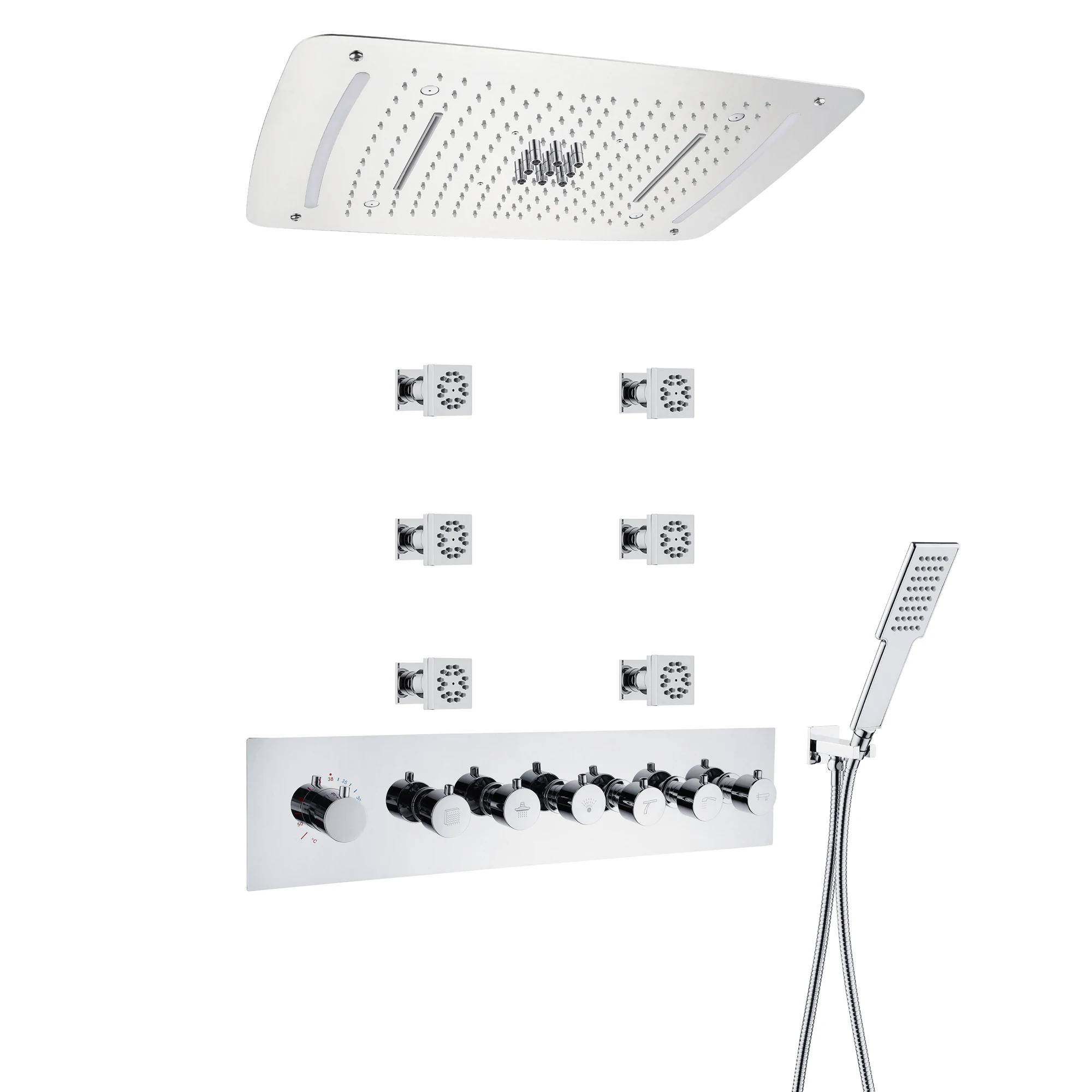 Bathroom Ceiling Mounted 680*440 mm Thermostatic Shower Mixer Waterfall LED Shower Head Rainfall Shower Set