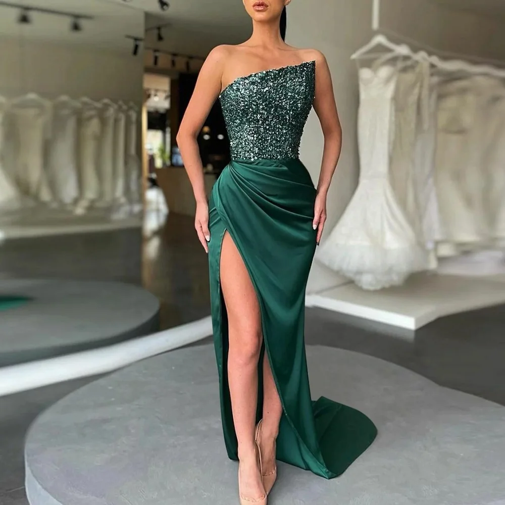 2023 New Green Elegant Sequin Embellished Dresses Fairy Long Sleeveless Fashion Medium Long Evening Party Dress for Women
