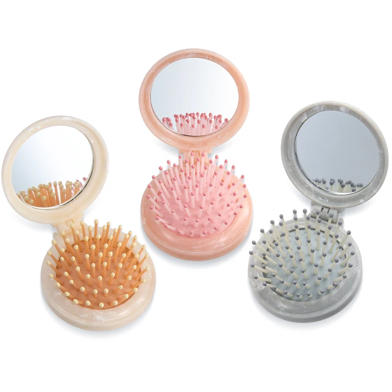 Detangling mini makeup Travel Hair brush folding pocket pop-up marble hair brush with mirror Insoluble masterbatch marbling