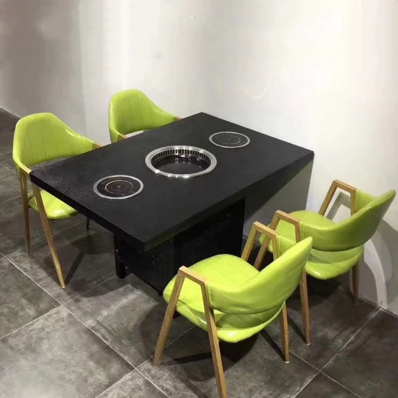 Best Price Square Smokeless Wood Hot Pot Dining Table For Hot Pot Restaurant Set