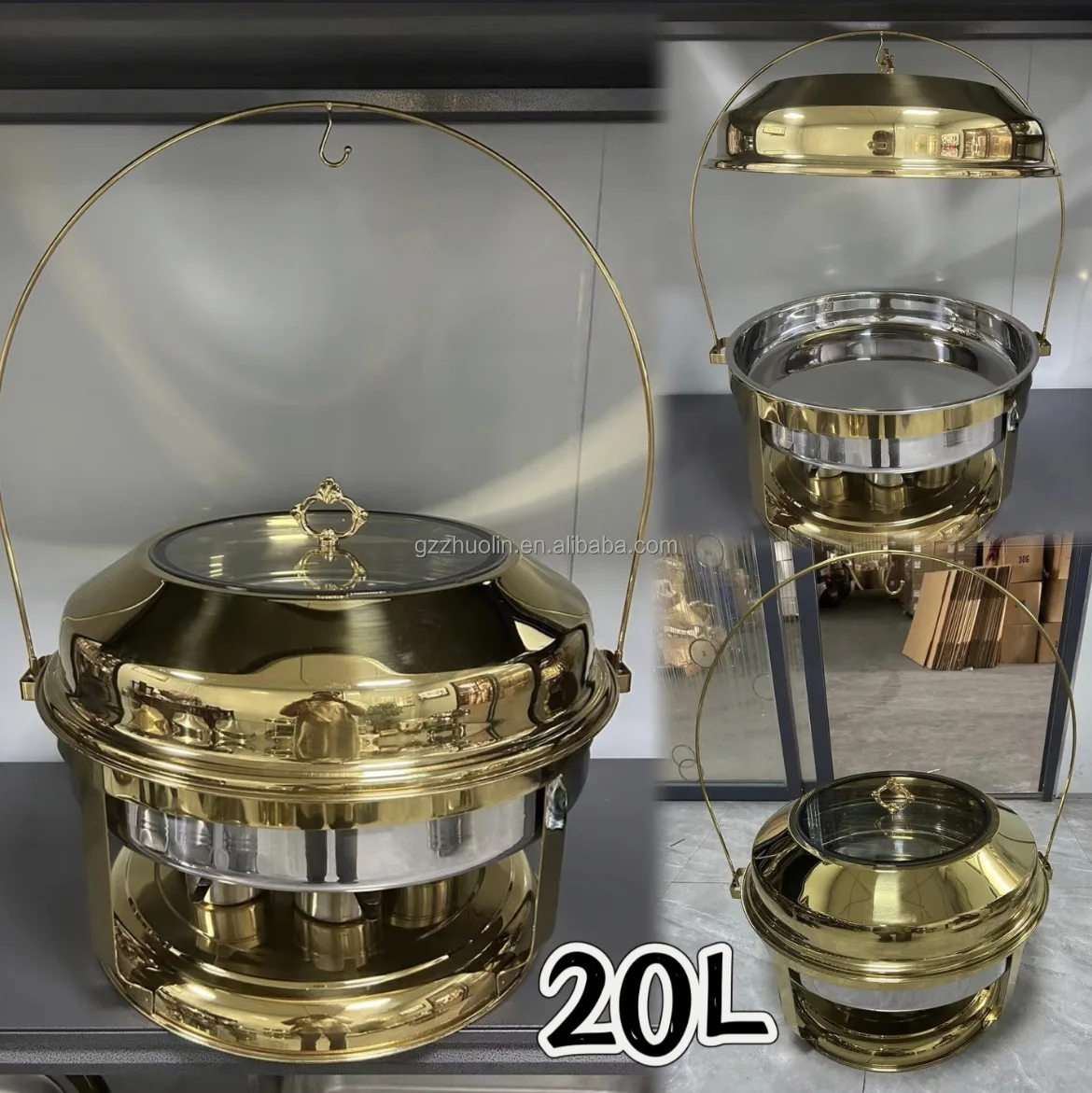20 litres round hook hanging dining shaping food warmer hotel gold plated buffet stove bell chaffing dishes for restaurant