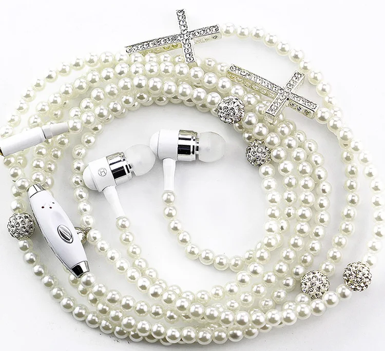 URIZONS Fashionable Pearl Necklace Earphone With Microphone Beads 3.5mm In-Ear Headphone metal Earphone