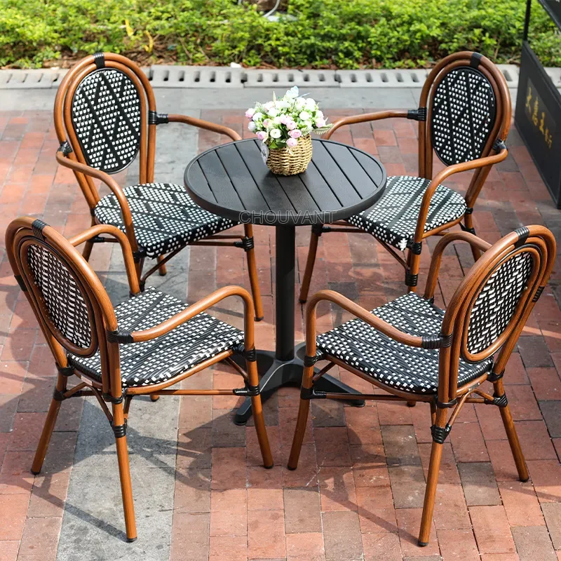 On sale Outdoor lawn furniture bamboo look patio PE wicker restaurant dinner arm rattan chair rattan chair garden chair