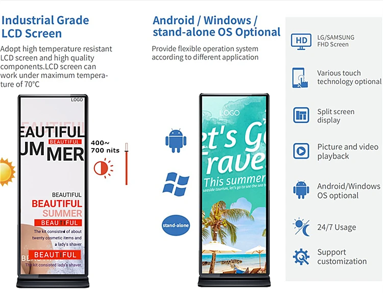 75 inch full screen touch screen kiosk 4k indoor Floor standing vertical advertising poster display screen lcd digital signage