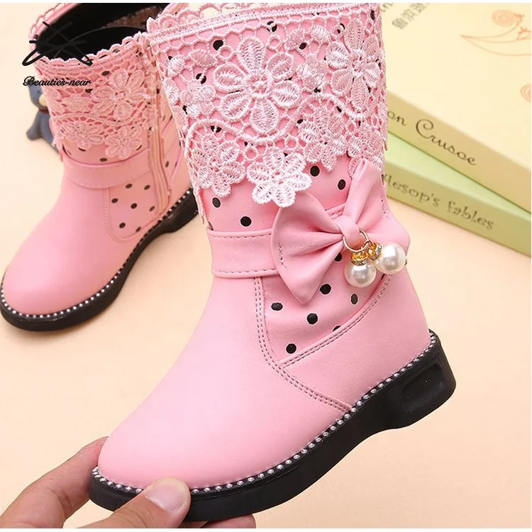 Wholesale Fashion Kids Girls Baby Winter Bow Knot Zip Short Boots Factory Children Girls Hot Flower Kids Shoes Boots