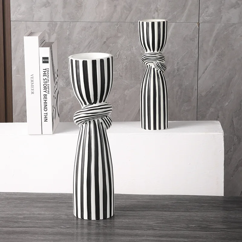 Light Luxury Black and White Striped Tall Candle Holder Ceramic Home Decoration Modern Living Room Table Decor