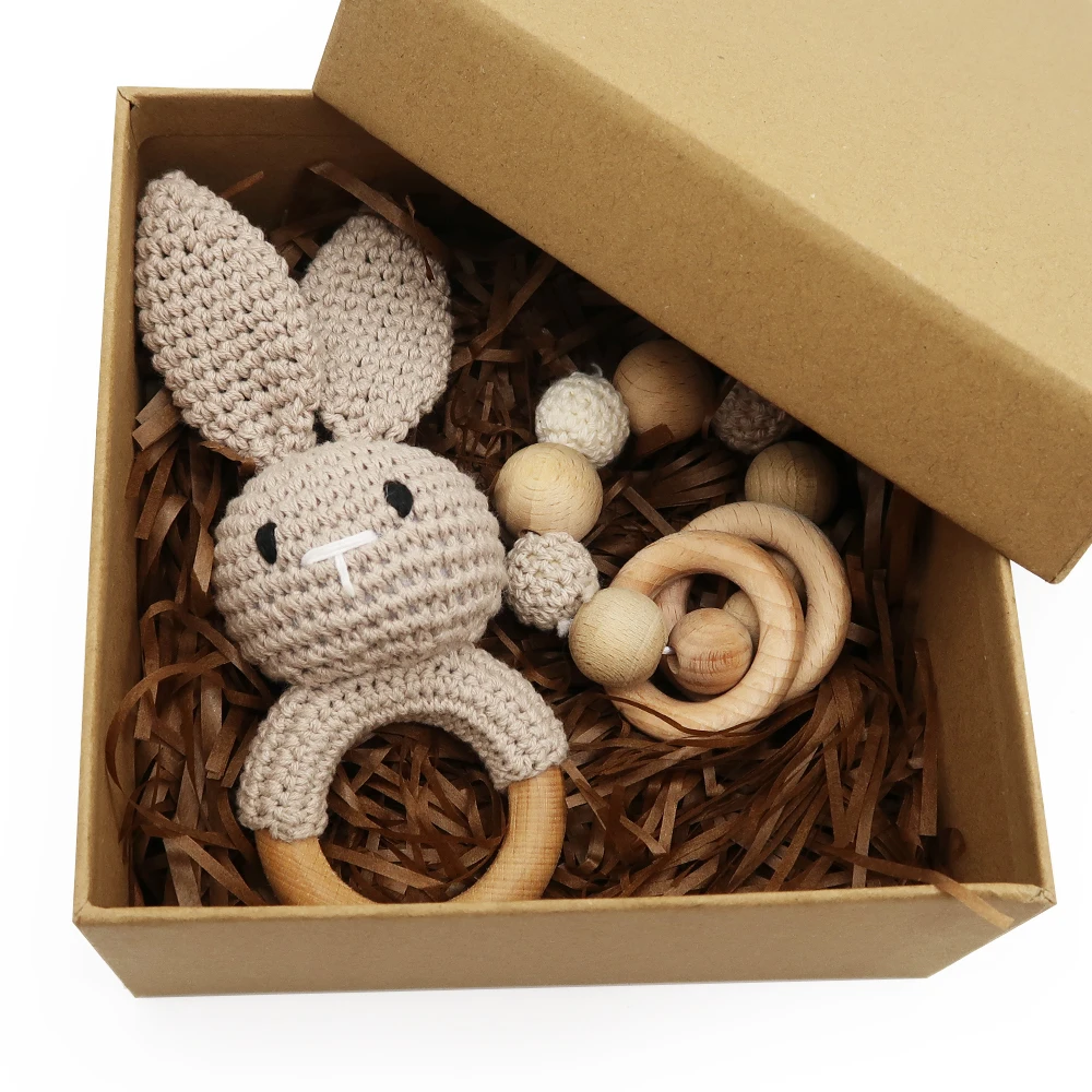 Hot sale handmade crochet toys animal elephant giraffe rabbit teethers children soother Rattle Toy baby wooden rattle