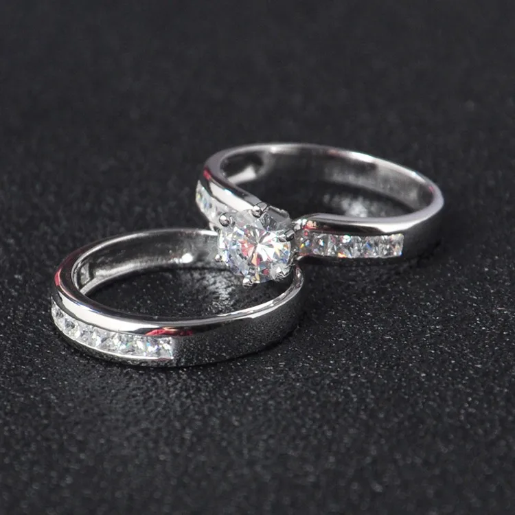 Classic 925 Sterling Silver  Wedding ring sets with AAA Clear Zircon and rhodium plated fine silver Jewelry For Women