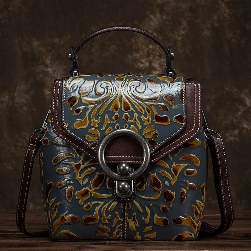 
First Layer Cowhide Leather Embossed Flower Single Shoulder Messenger Bags Women Vintage Designers Handbags 