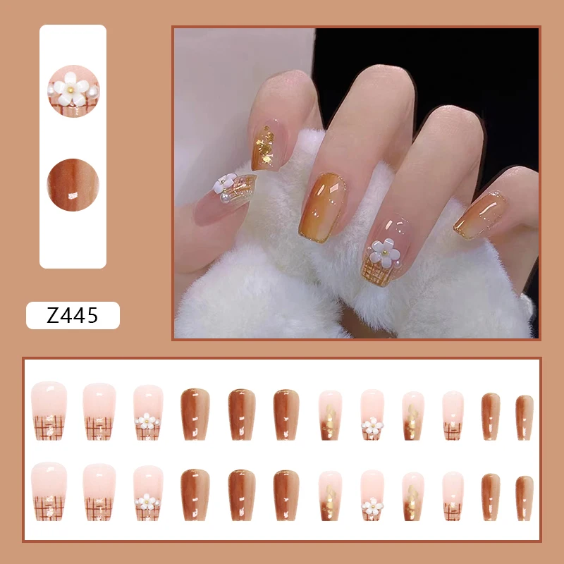 Manicure Showing Cool Caramel Cream Card Artificial False Nails Instagram Style Sweet Color Full Cover Acrylic Girl White Finger