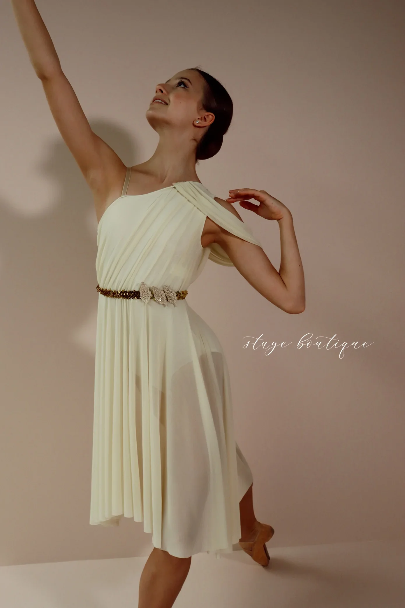 Ready to ship leotard with a four-way stretch mesh bodice  lycra  gold sequin belt with a leaf performance dance wear