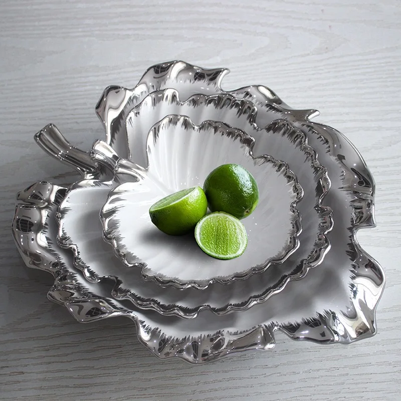 Nordic Porcelain Plates fruit candy and Snack tray designed unique leaf shape silver Rim ceramic dish plate craftwork