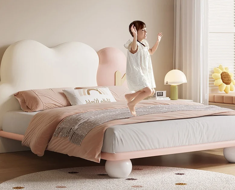 Single Child Bed with Real Leather & Solid Wood Frame Comfortable Bedroom Bedding Set Modern Design by Tree Model