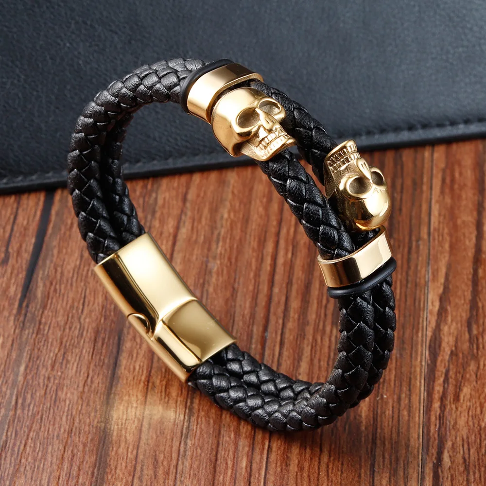 Best Selling Gold And Black Plated Stainless Steel Skull Design Pu Leather Bracelet Wholesale