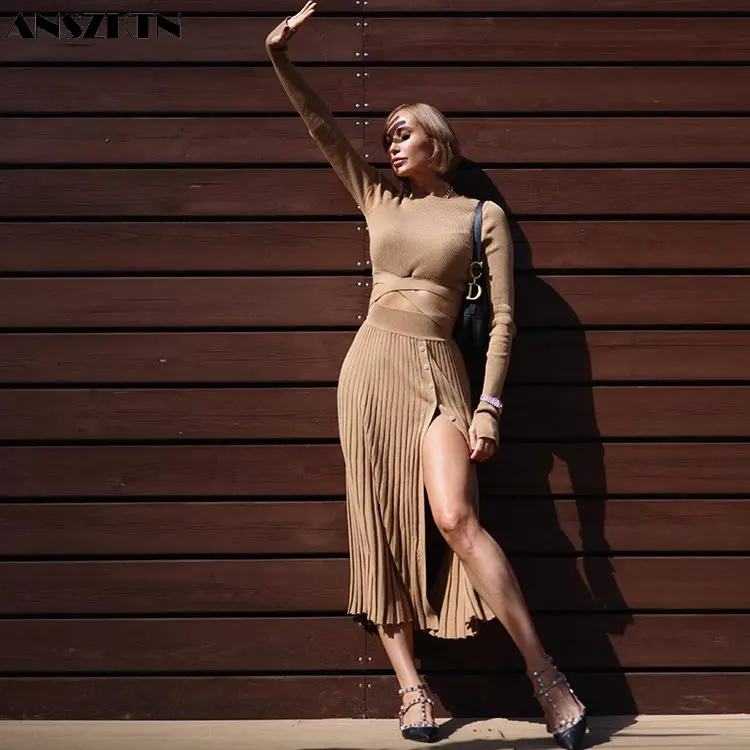 Custom Autumn Knitted Women Fashion Sexy Solid Color Suit Pullover Sweater Slit Pleated Skirt Two Piece Ladies Suit