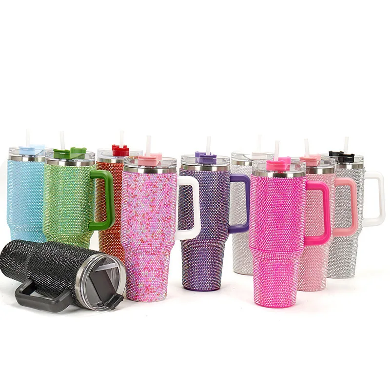 40 oz Rhinestone Studded Bling  Stainless Steel  Tumbler with Handle and Straw  Coffee Water Bottle Vacuum Insulated