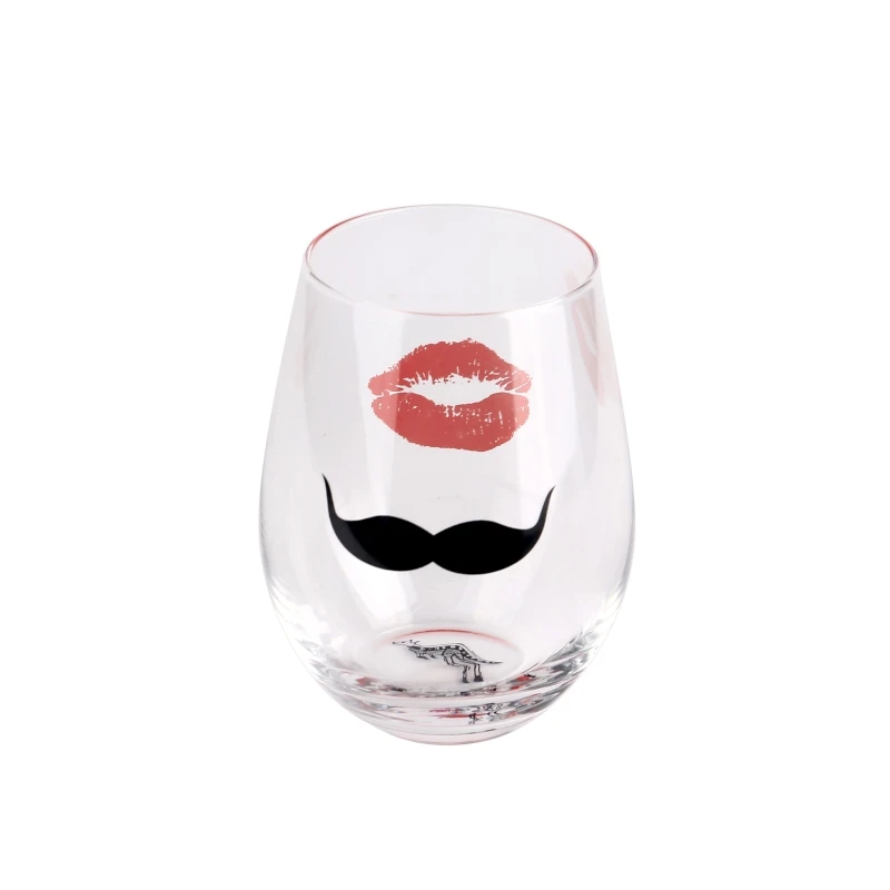 Machine Blown Stemless Egg Shape Clear Glass Cup Soft Drinks Glass With Moustache And Lipstick Pattern Decal Printing