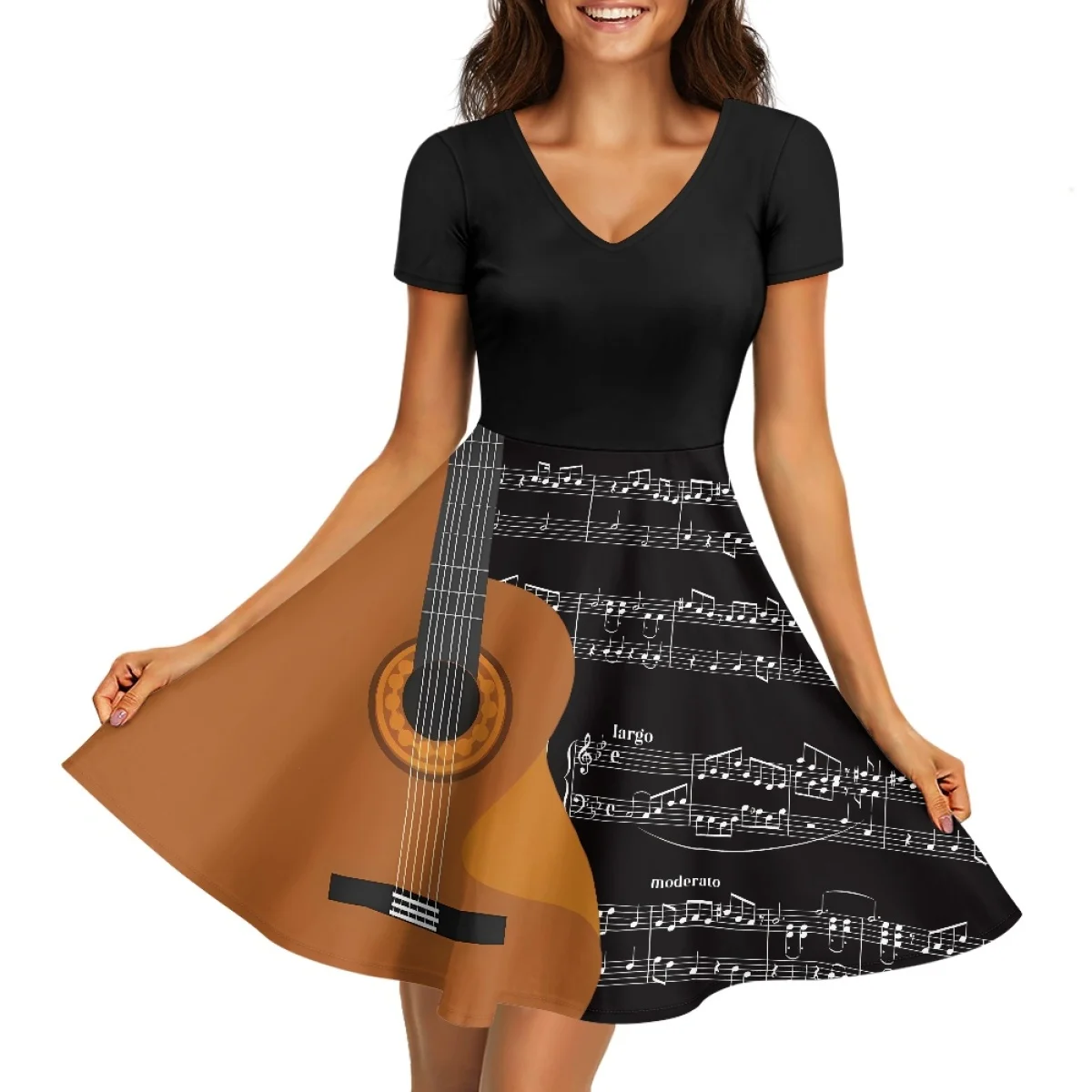 Breathable Pocket Dress Guitar Music Note Pattern Ladies Casual Elegant Dress With Factory Outlet Female Clothing Midi Skirts