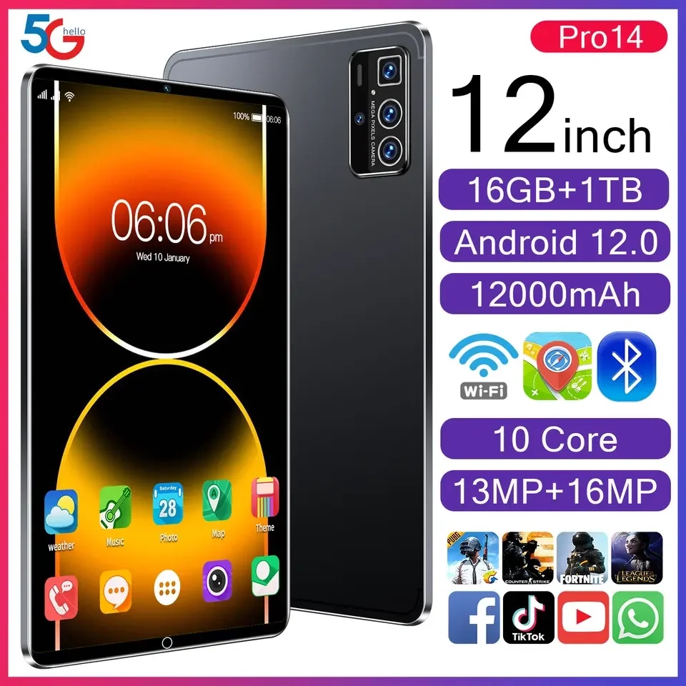 Pro 14 Tablet PC 12 Inch HD Screen 16GB RAM 1TB ROM 12000mAH Battery Android 12.0 X30 10 Core 2.5Ghz Android Tablet Netbook Pad