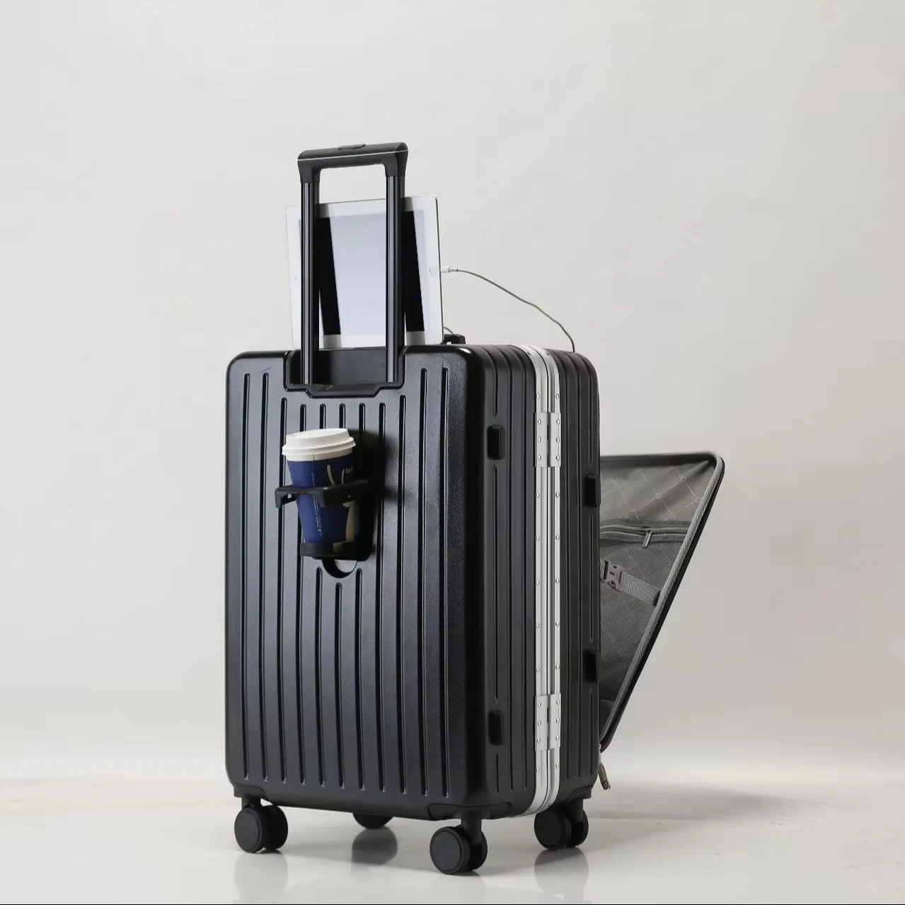Factory custom rotary Luxury travel airport luggage installed front opening Abs luggage