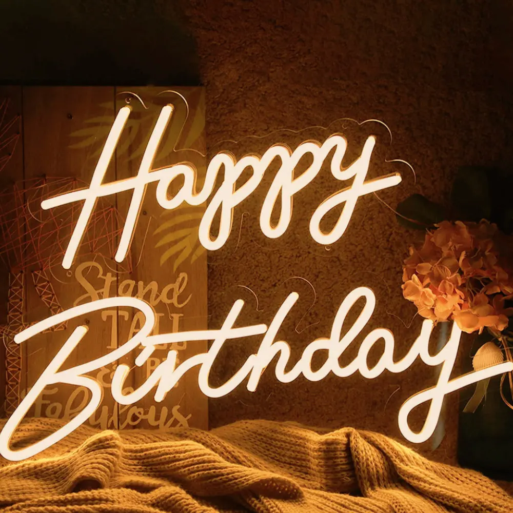Romantic Happy Birthday Neon Sign Customized LED Neon Light Sign Birthday Party Wall Decor Warm White HB Sign