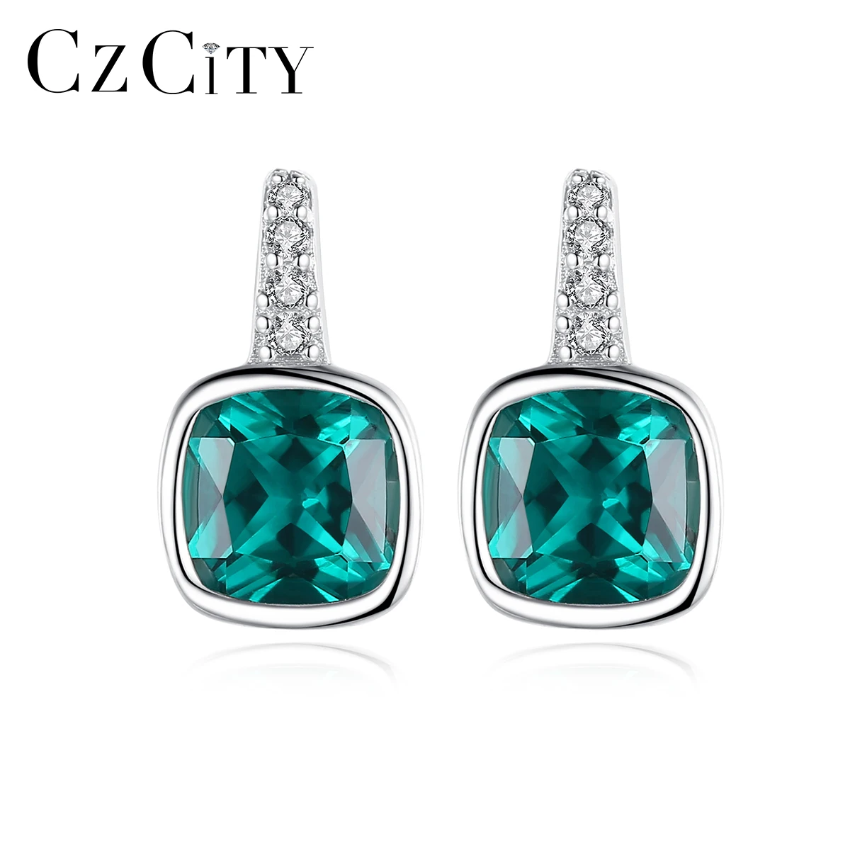 New Design Radiant Cut Emerald Gemstone Silver Earrings 925 Sterling Bezel Set Cubic Zircon Drop Earrings for Bridal Jewelry