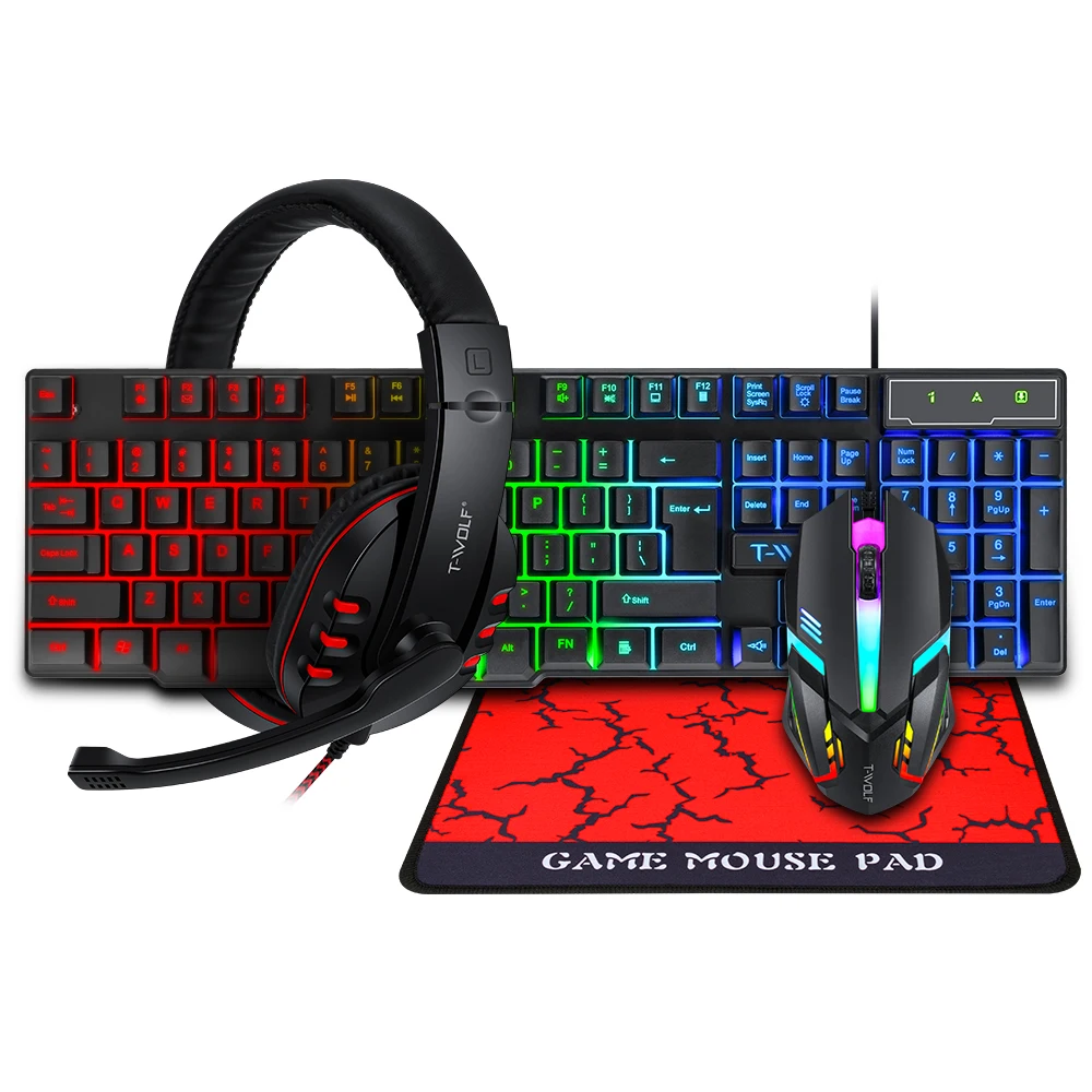 4 в 1 игровая комбо TF800 RGB игровая клавиатура Коврик для мыши набор наушников для геймера
