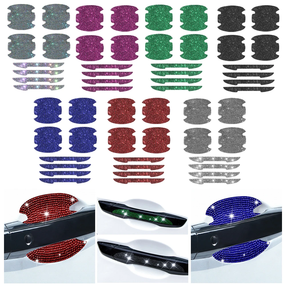 8pcs Bling Car Kit Car Door Handle Protector Shiny Rhinestones Scratch-Resistant Stickers Door Cup Handle Protective Film