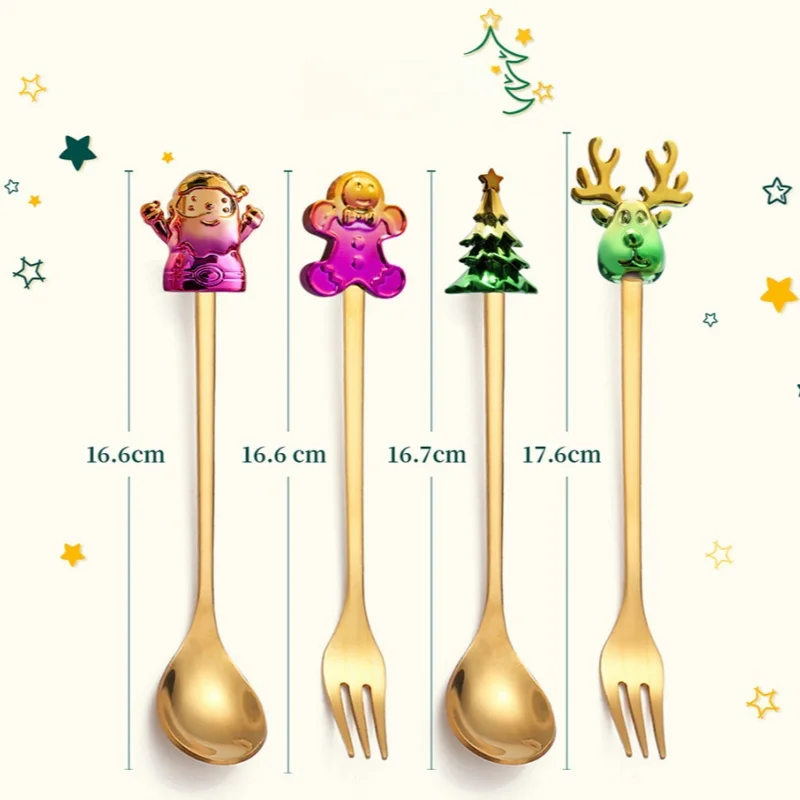 2024 Hot Sale Christmas Elements Dessert Beverage Spoon and Fork Cutlery Set Christmas Stainless Steel Flatware Cutlery Set