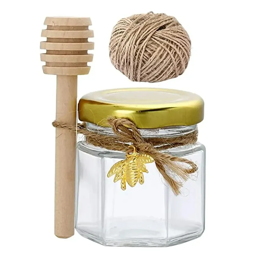 Honey glass bottle with honey wooden stick Jar Wood Dipper Bee Jute Rope Small Glass Bottle For Gift Wedding Favors