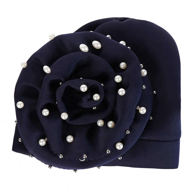 Indonesia Fashion Muslim Women Solid Color Space Cotton Big Flower Pearl Baotou Cap