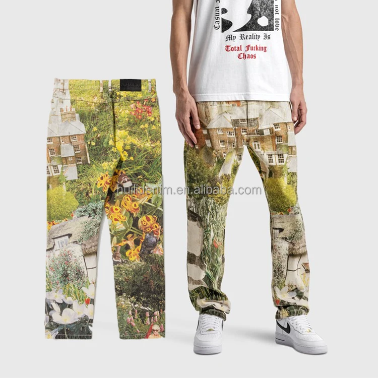 HL manufacturer designer customization all over digital print garden denim jeans wholesale custom trendy straight jeans men
