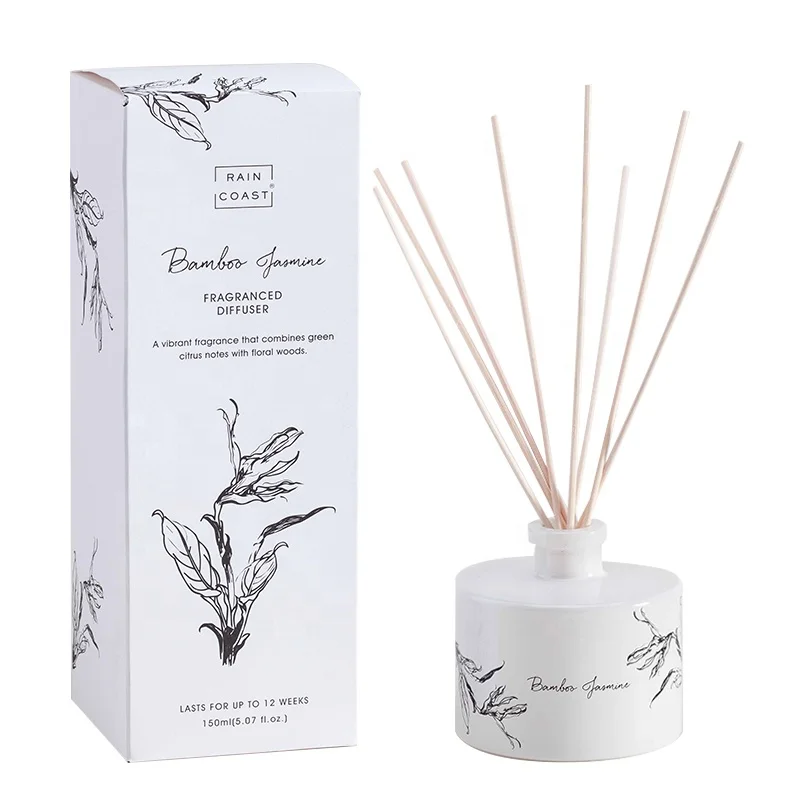 RAINCOAST OEM 150ML Reed Diffuser Bamboo and Jasmine Diffuser with White Bottle and Natural Reeds