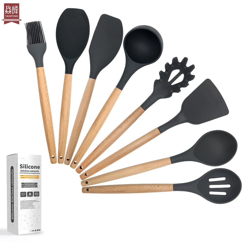 Amazon Hot Seller Natural Heat Resistant 8 Pieces Smart Silicone Utensils Kitchen Non-Stick Baking Tool
