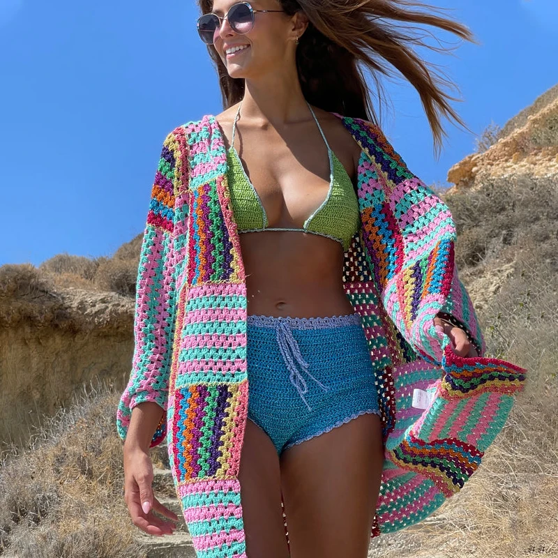 Повседневный длинный вязаный крючком дизайнерский летний кардиган для женщин большого размера