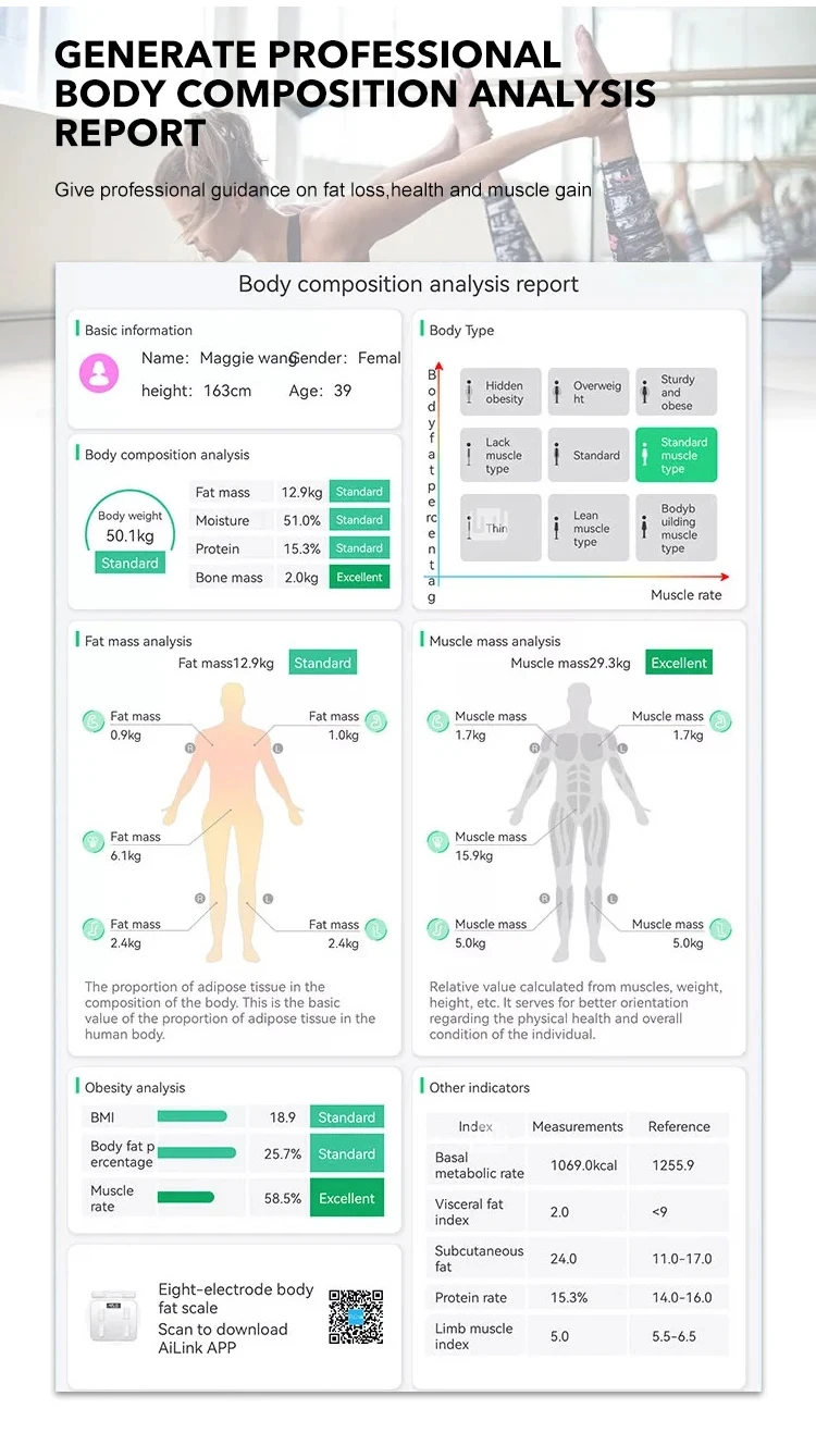 Красочный экран Интеллектуальный биоимпедансный умный цифровой 8 электродов весовые весы с ручкой
