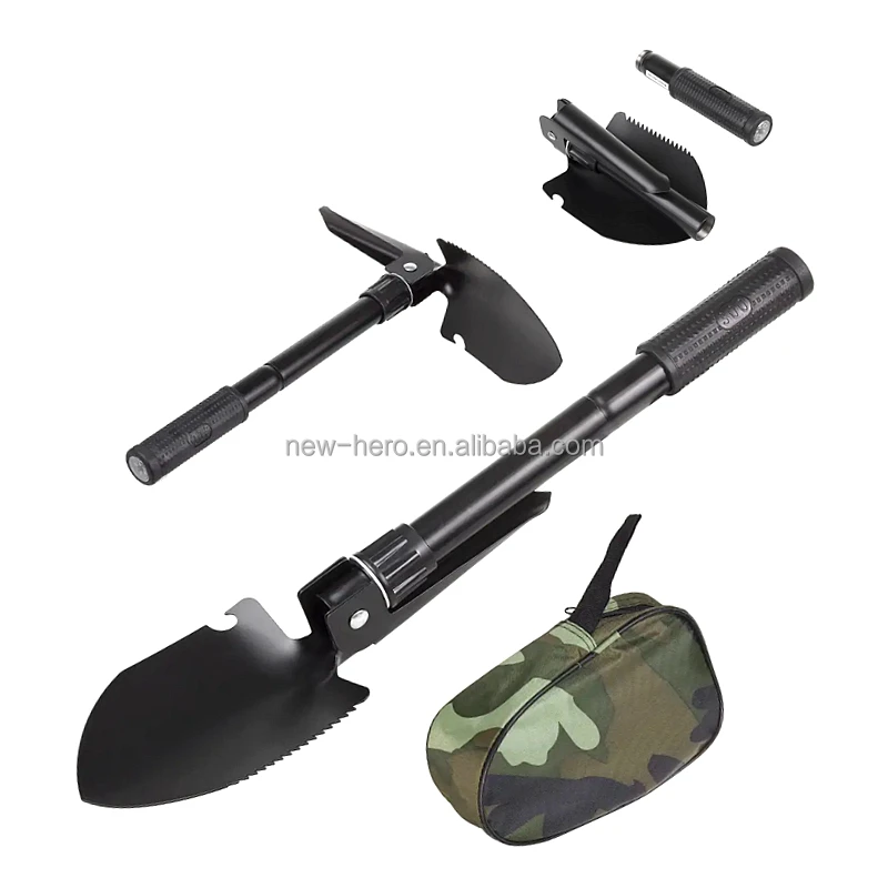 Folding Outdoor Shovel with Pickaxe and Carrying Case Emergency 3 in 1 Mini Camping Foldable Shovel Pick and Saw with Compass