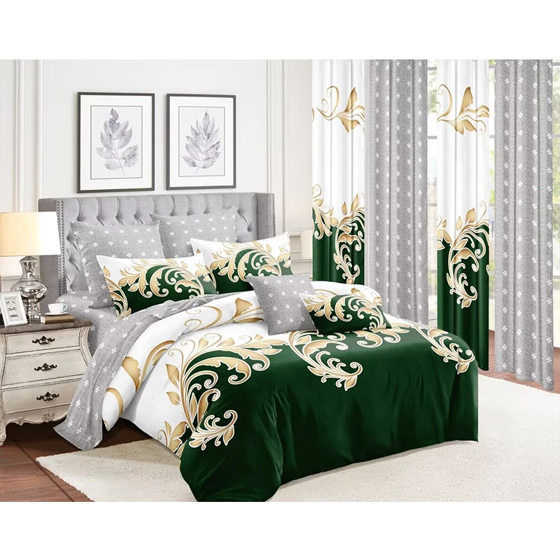 Wholesale High Quality 10 Pieces Curtain Bedding Sets Queen Size Printed Cotton Filling Bedspread Set with Curtain