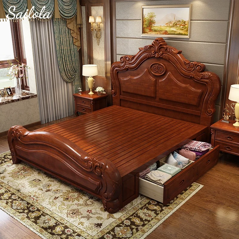American Style Furniture Set Wood Wedding Bed Antique Double Luxury In