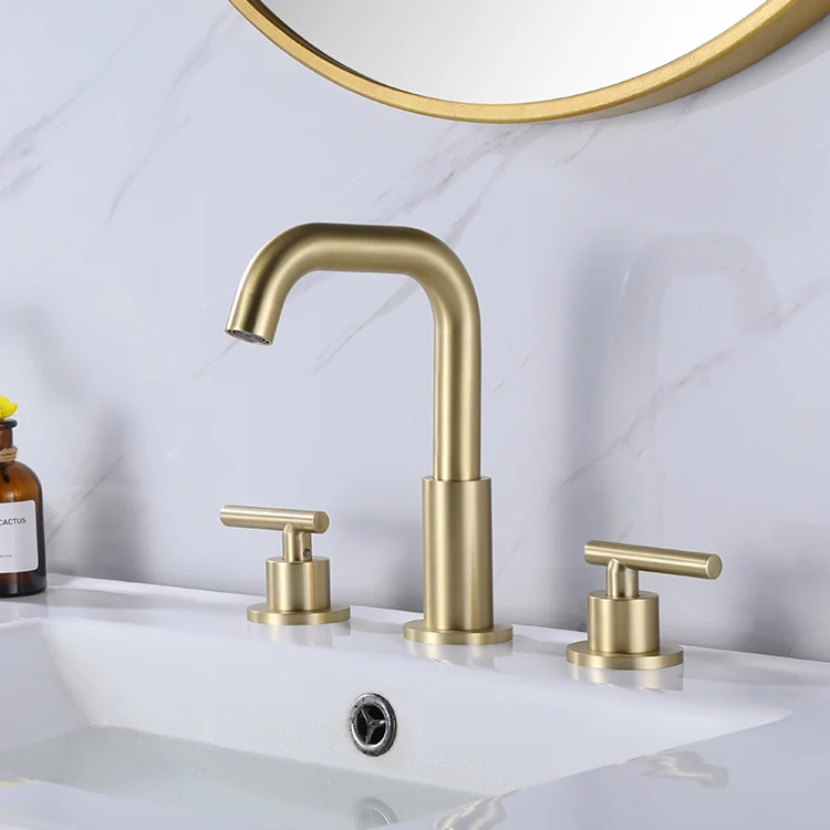 Best Customizable Brushed Gold 304 Stainless Steel Brass Two Handles Gold Tap Bathroom Wash Basin Faucet Set Supplier For Usa