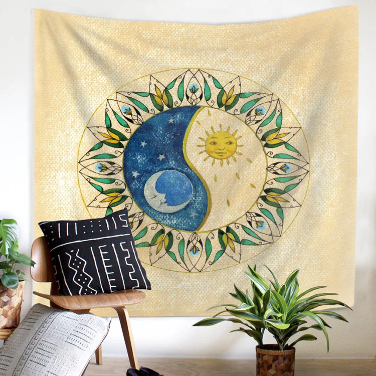 Celestial Ying Yang European Art 150x130 Religious Cat Astrology Sky Sun and Moon Tapestry